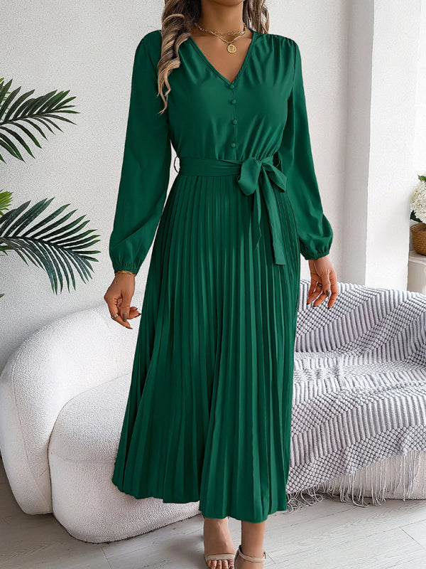 Blue Zone Planet | Elegant V-neck Button Tie Hem Pleated Long Dress Dresses-TOPS / DRESSES-[Adult]-[Female]-2022 Online Blue Zone Planet