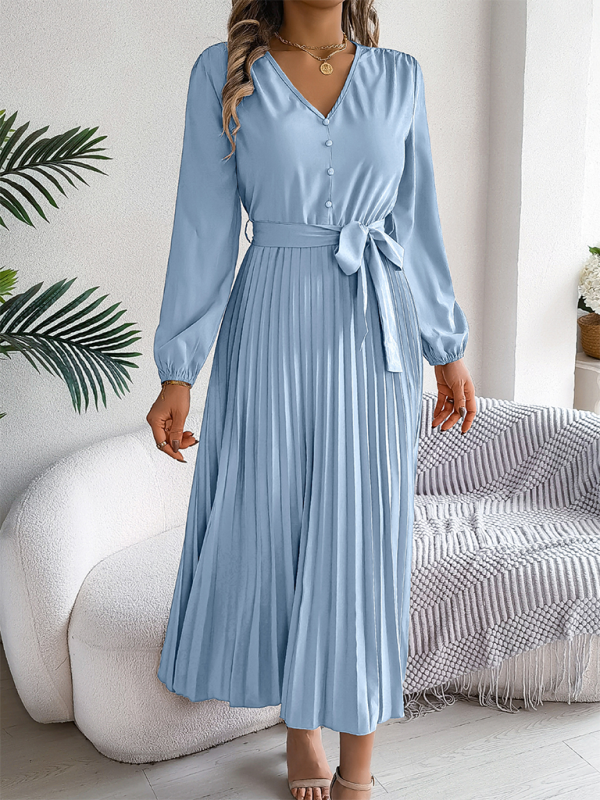 Blue Zone Planet | Elegant V-neck Button Tie Hem Pleated Long Dress Dresses-TOPS / DRESSES-[Adult]-[Female]-2022 Online Blue Zone Planet