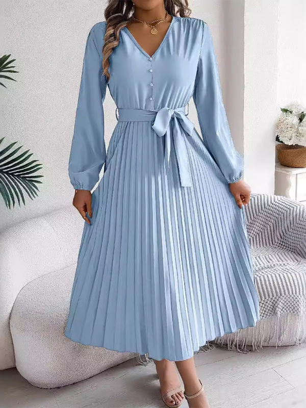 Blue Zone Planet | Elegant V-neck Button Tie Hem Pleated Long Dress Dresses-TOPS / DRESSES-[Adult]-[Female]-Clear blue-S-2022 Online Blue Zone Planet