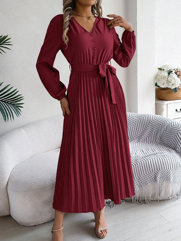 Blue Zone Planet | Elegant V-neck Button Tie Hem Pleated Long Dress Dresses-TOPS / DRESSES-[Adult]-[Female]-Wine Red-S-2022 Online Blue Zone Planet