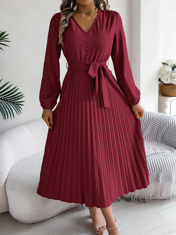 Blue Zone Planet | Elegant V-neck Button Tie Hem Pleated Long Dress Dresses-TOPS / DRESSES-[Adult]-[Female]-2022 Online Blue Zone Planet