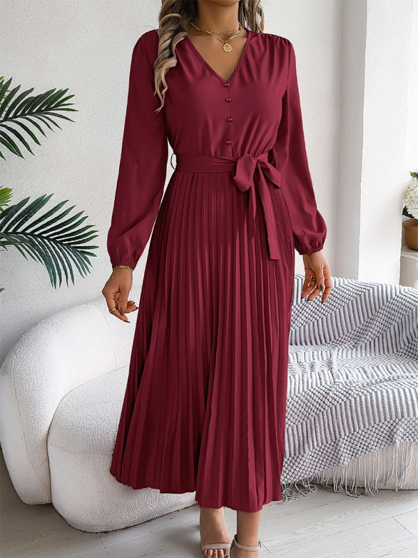 Blue Zone Planet | Elegant V-neck Button Tie Hem Pleated Long Dress Dresses-TOPS / DRESSES-[Adult]-[Female]-2022 Online Blue Zone Planet