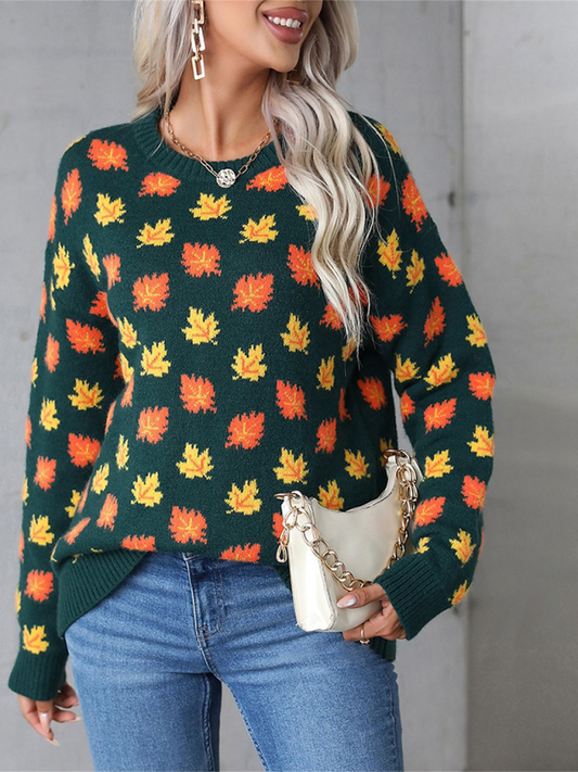 Blue Zone Planet | Halloween Maple Leaf Christmas Crew Neck Knit Sweater-TOPS / DRESSES-[Adult]-[Female]-Green black jasper-S-2022 Online Blue Zone Planet