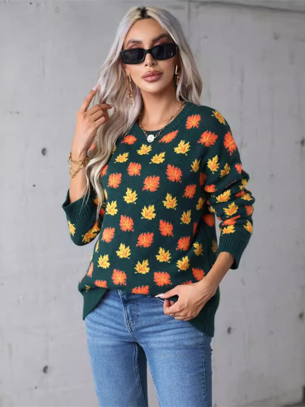 Blue Zone Planet | Halloween Maple Leaf Christmas Crew Neck Knit Sweater-TOPS / DRESSES-[Adult]-[Female]-2022 Online Blue Zone Planet