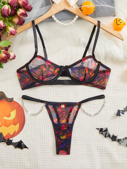 Blue Zone Planet | Natalia's Halloween Skull Print Sexy Thong Bra Set-TOPS / DRESSES-[Adult]-[Female]-Black-S-2022 Online Blue Zone Planet