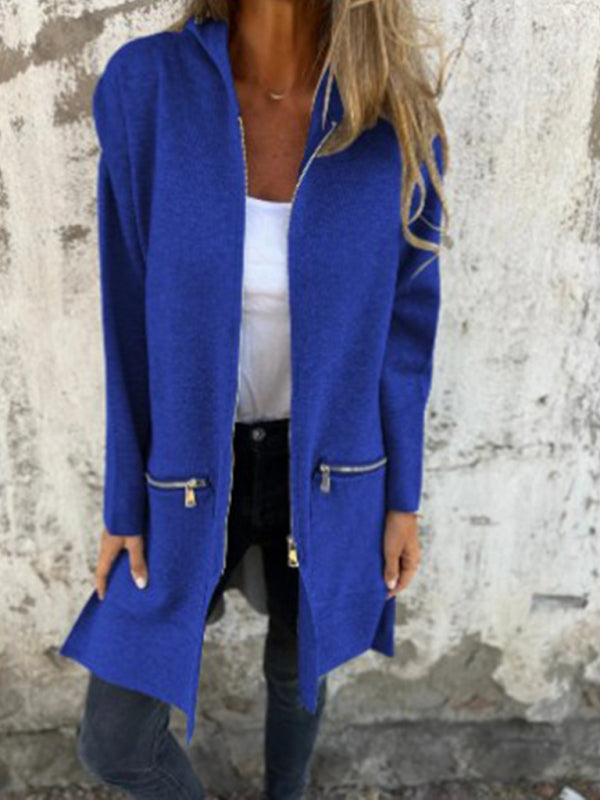 Tina's Solid Color Zippered Hooded Jacket-Tops / Dresses-[Adult]-[Female]-Blue-S-2022 Online Blue Zone Planet