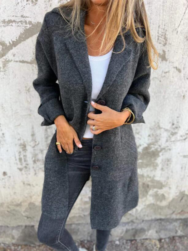 Women's Solid Color Flip Lapel With Pocket Cardigan Single Breasted Medium Long Coa-[Adult]-[Female]-Charcoal grey-S-2022 Online Blue Zone Planet