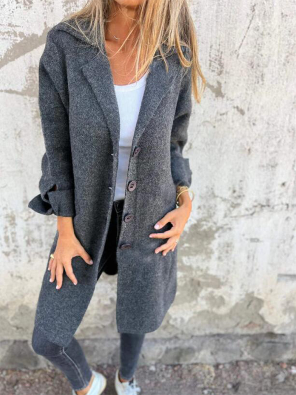 Women's Solid Color Flip Lapel With Pocket Cardigan Single Breasted Medium Long Coa-[Adult]-[Female]-2022 Online Blue Zone Planet