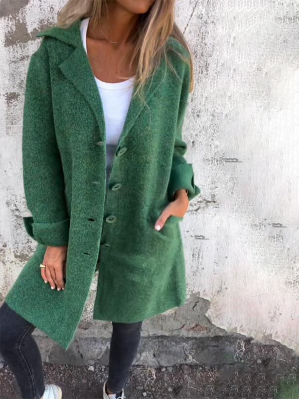 Women's Solid Color Flip Lapel With Pocket Cardigan Single Breasted Medium Long Coa-[Adult]-[Female]-Green-S-2022 Online Blue Zone Planet