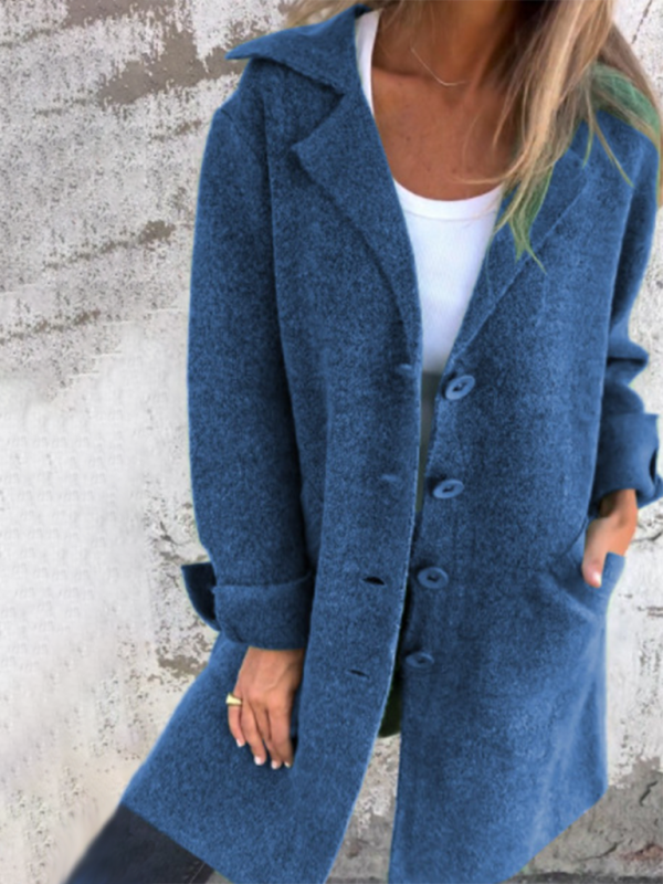 Women's Solid Color Flip Lapel With Pocket Cardigan Single Breasted Medium Long Coa-[Adult]-[Female]-Champlain color-S-2022 Online Blue Zone Planet