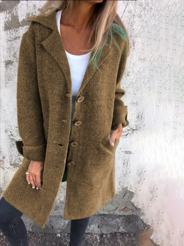 Women's Solid Color Flip Lapel With Pocket Cardigan Single Breasted Medium Long Coa-[Adult]-[Female]-Olive yellow-S-2022 Online Blue Zone Planet