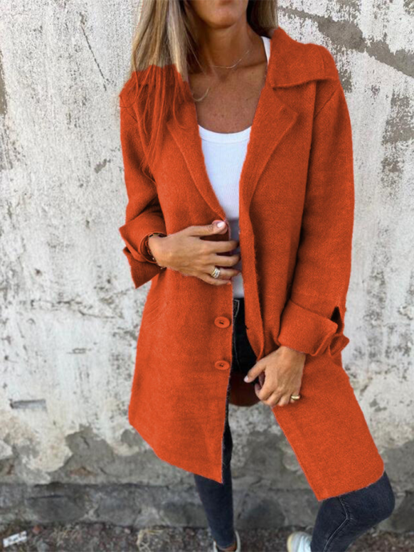 Women's Solid Color Flip Lapel With Pocket Cardigan Single Breasted Medium Long Coa-[Adult]-[Female]-Orange Red-S-2022 Online Blue Zone Planet