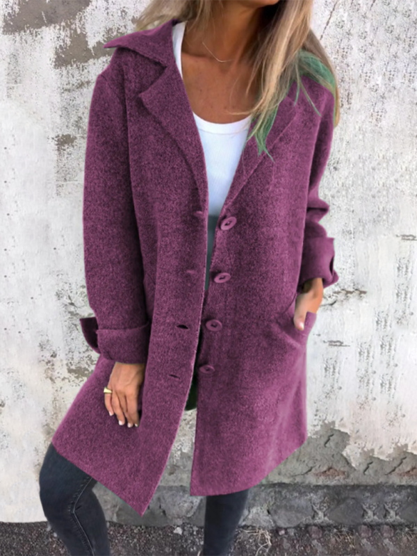 Women's Solid Color Flip Lapel With Pocket Cardigan Single Breasted Medium Long Coa-[Adult]-[Female]-Purple-S-2022 Online Blue Zone Planet