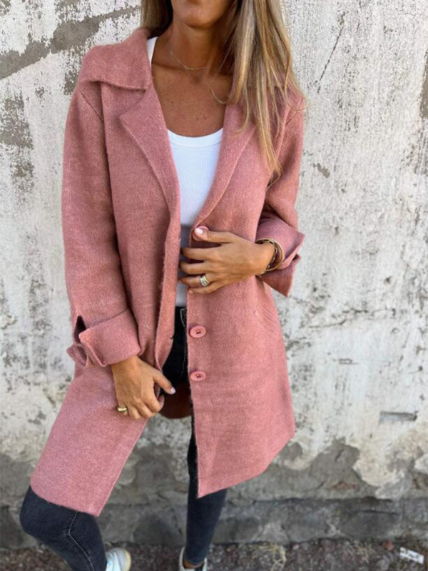 Women's Solid Color Flip Lapel With Pocket Cardigan Single Breasted Medium Long Coa-[Adult]-[Female]-Pink-S-2022 Online Blue Zone Planet