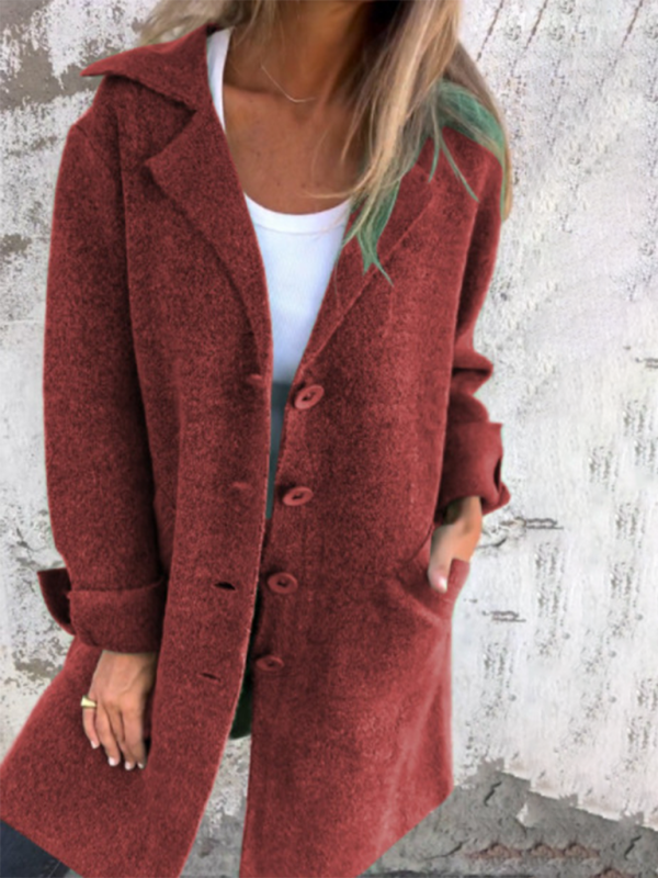 Women's Solid Color Flip Lapel With Pocket Cardigan Single Breasted Medium Long Coa-[Adult]-[Female]-Wine Red-S-2022 Online Blue Zone Planet