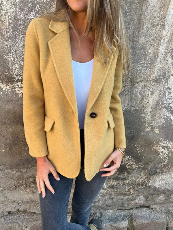 Casual Buttoned Solid Color Tweed Jacket-[Adult]-[Female]-Yellow-S-2022 Online Blue Zone Planet