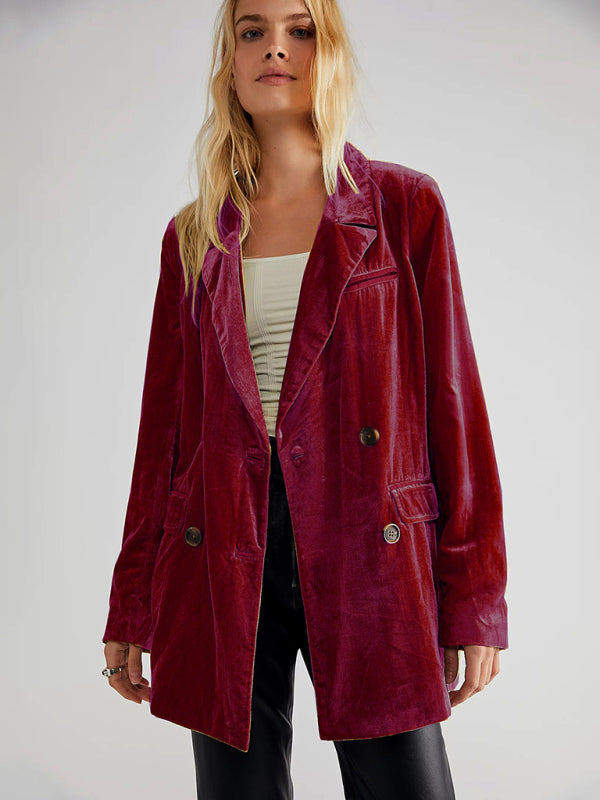 New Golden Velvet Jacket Split Blazer-[Adult]-[Female]-Wine Red-S-2022 Online Blue Zone Planet