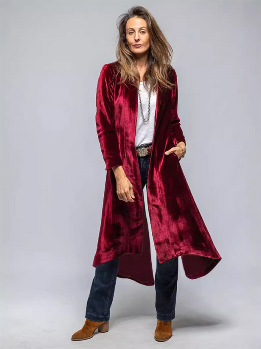 Women's Velvet Long Cardigan Solid Color Vintage Split Jacket Trench Coat Loose Coat-[Adult]-[Female]-Wine Red-S-2022 Online Blue Zone Planet