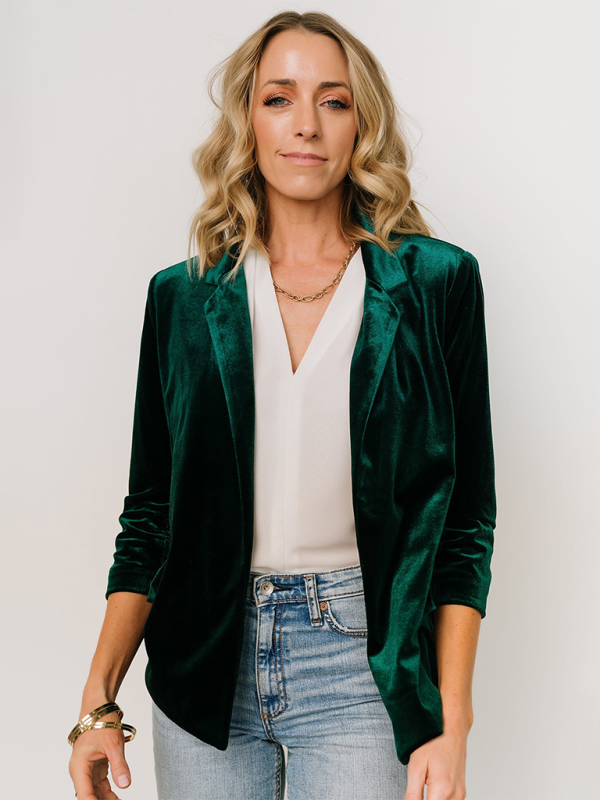 Anne's Velvet Slant Pocket Lapel Long Sleeve Blazer-TOPS / DRESSES-[Adult]-[Female]-Green black jasper-S-2022 Online Blue Zone Planet