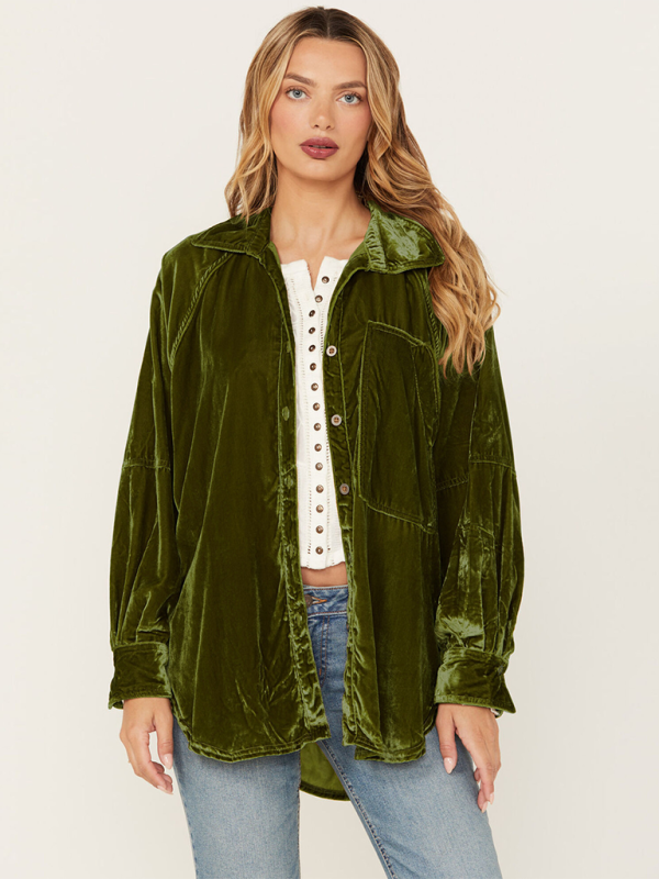 Anne's Velvet Oversize Long Sleeve Loose Shacket-TOPS / DRESSES-[Adult]-[Female]-Olive green-S-2022 Online Blue Zone Planet