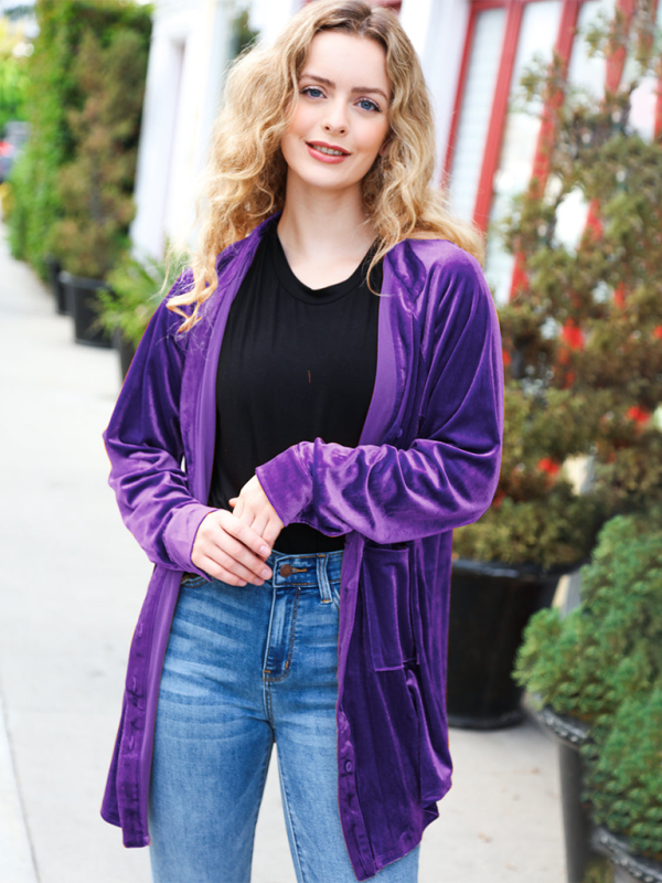 Loose gold-tone pocketed long-sleeved cardigan-TOPS / DRESSES-[Adult]-[Female]-Purple-S-2022 Online Blue Zone Planet