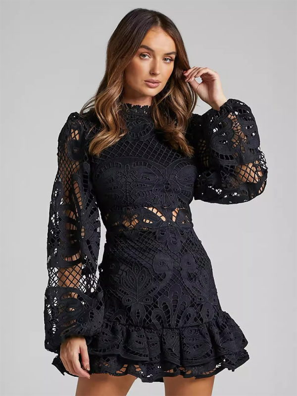 Lapel Lantern Long Sleeve Waist Gown Short A-line Ruffle Hollow Lace Dresses-[Adult]-[Female]-2022 Online Blue Zone Planet