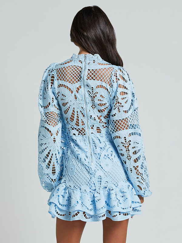 Lapel Lantern Long Sleeve Waist Gown Short A-line Ruffle Hollow Lace Dresses-[Adult]-[Female]-2022 Online Blue Zone Planet
