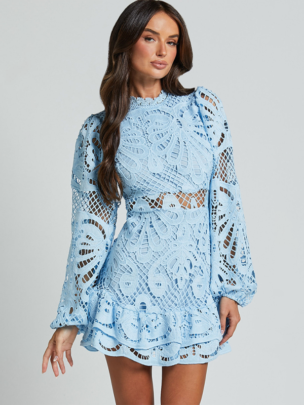 Lapel Lantern Long Sleeve Waist Gown Short A-line Ruffle Hollow Lace Dresses-[Adult]-[Female]-Pink-S-2022 Online Blue Zone Planet