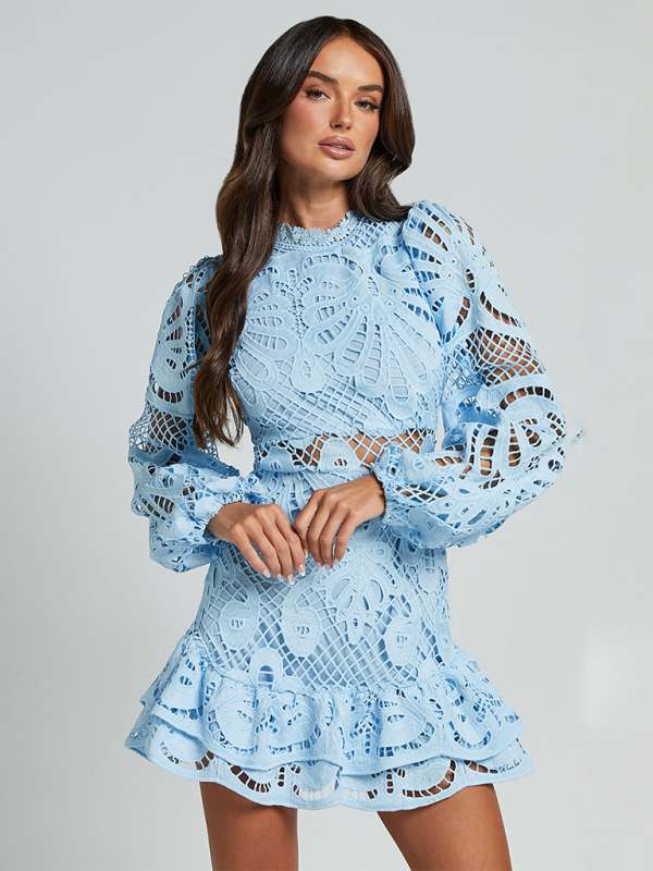 Lapel Lantern Long Sleeve Waist Gown Short A-line Ruffle Hollow Lace Dresses-[Adult]-[Female]-2022 Online Blue Zone Planet