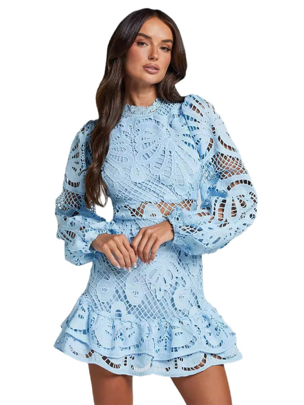 Lapel Lantern Long Sleeve Waist Gown Short A-line Ruffle Hollow Lace Dresses-[Adult]-[Female]-2022 Online Blue Zone Planet