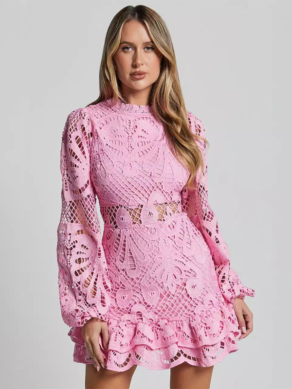 Lapel Lantern Long Sleeve Waist Gown Short A-line Ruffle Hollow Lace Dresses-[Adult]-[Female]-2022 Online Blue Zone Planet
