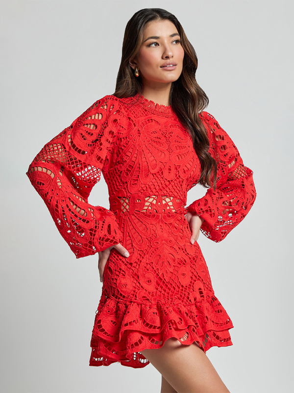 Lapel Lantern Long Sleeve Waist Gown Short A-line Ruffle Hollow Lace Dresses-[Adult]-[Female]-2022 Online Blue Zone Planet
