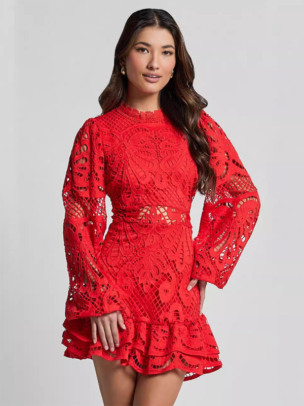 Lapel Lantern Long Sleeve Waist Gown Short A-line Ruffle Hollow Lace Dresses-[Adult]-[Female]-Red-S-2022 Online Blue Zone Planet