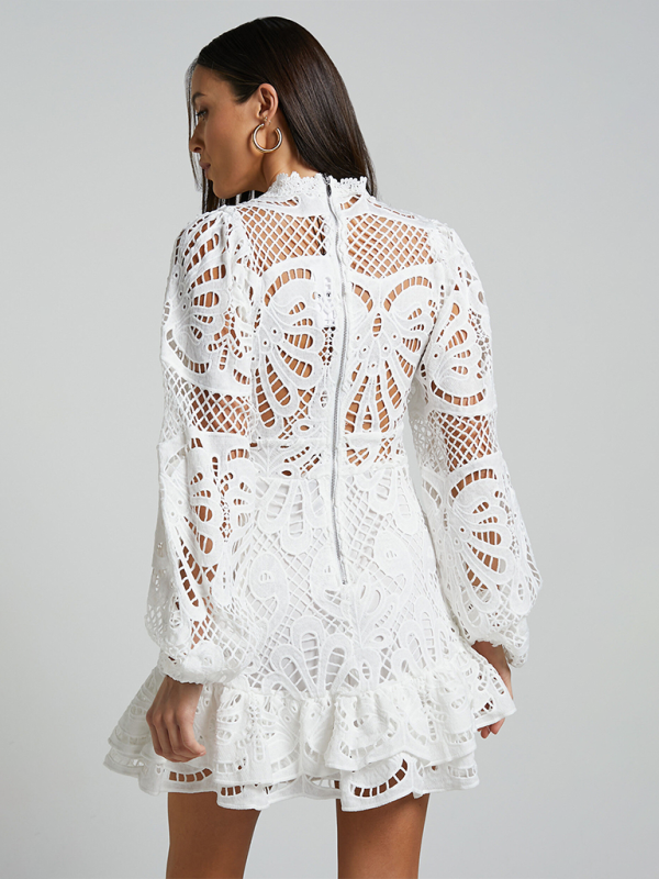 flare sleeve hollow out lace embroidery dress Breezaya Women's Floral Hollow-Out Embroidery Round Neck Flare Sleeve Casual Dress