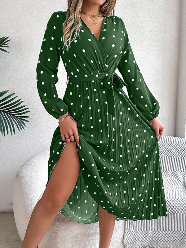 Elegant Color Clash Polka Dot Cross V-Neck Pleated Long Dress-[Adult]-[Female]-Green-S-2022 Online Blue Zone Planet