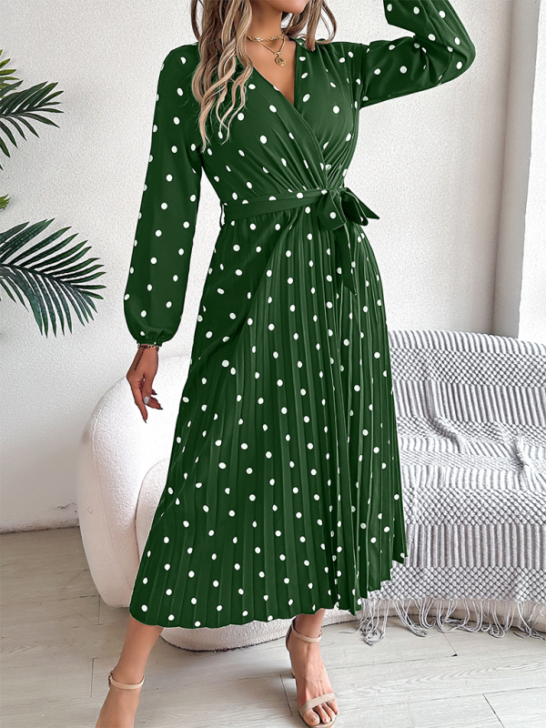 Elegant Color Clash Polka Dot Cross V-Neck Pleated Long Dress-[Adult]-[Female]-2022 Online Blue Zone Planet