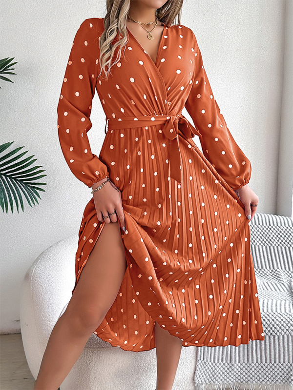 Elegant Color Clash Polka Dot Cross V-Neck Pleated Long Dress-[Adult]-[Female]-Orange-S-2022 Online Blue Zone Planet