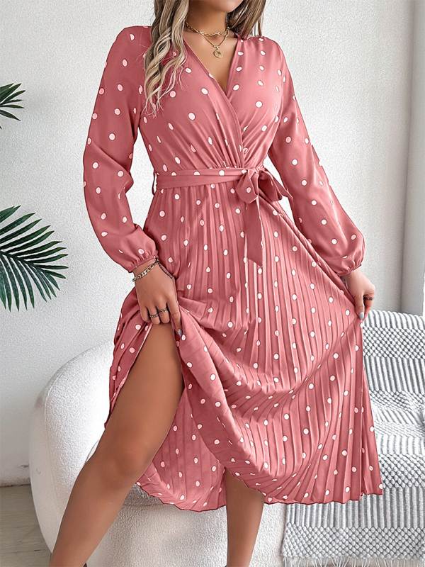 Elegant Color Clash Polka Dot Cross V-Neck Pleated Long Dress-[Adult]-[Female]-Pink-S-2022 Online Blue Zone Planet