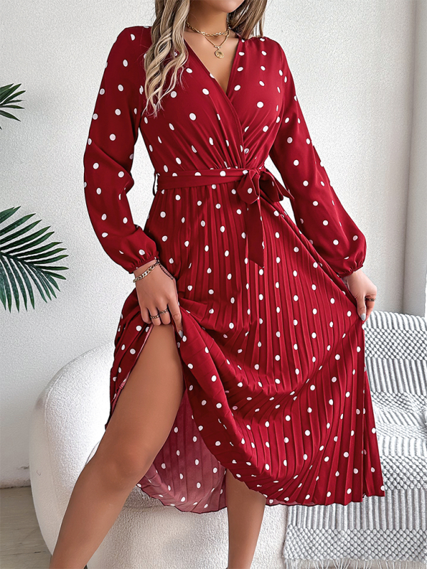 Elegant Color Clash Polka Dot Cross V-Neck Pleated Long Dress-[Adult]-[Female]-Wine Red-S-2022 Online Blue Zone Planet