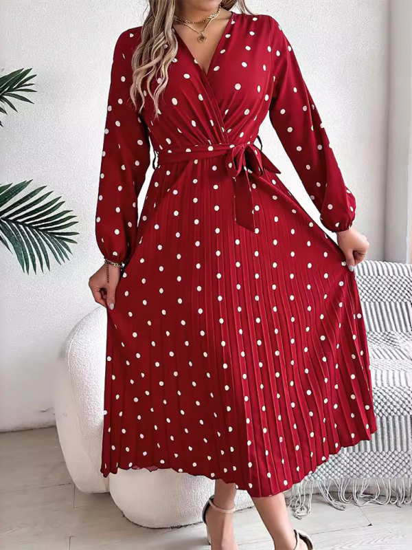 Elegant Color Clash Polka Dot Cross V-Neck Pleated Long Dress-[Adult]-[Female]-2022 Online Blue Zone Planet
