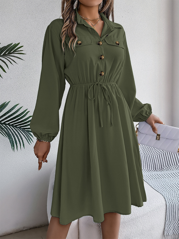 Casual Button Tie Waisted Long Sleeve Shirt Dress-[Adult]-[Female]-2022 Online Blue Zone Planet