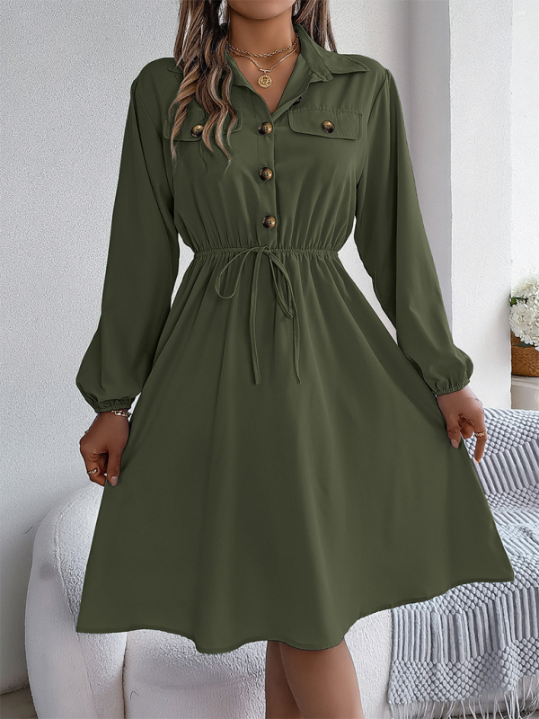 Casual Button Tie Waisted Long Sleeve Shirt Dress-[Adult]-[Female]-2022 Online Blue Zone Planet
