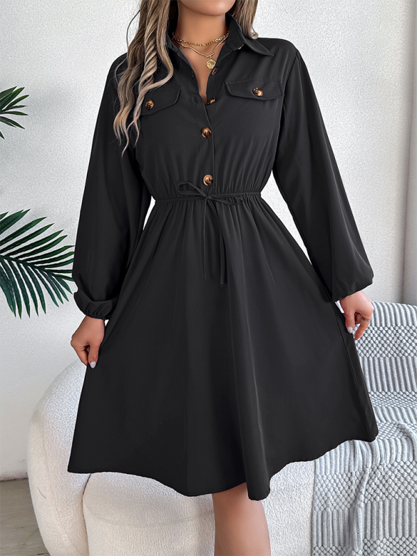 Casual Button Tie Waisted Long Sleeve Shirt Dress-[Adult]-[Female]-2022 Online Blue Zone Planet