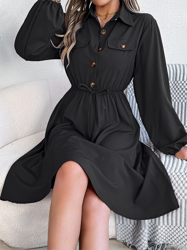 Casual Button Tie Waisted Long Sleeve Shirt Dress-[Adult]-[Female]-2022 Online Blue Zone Planet