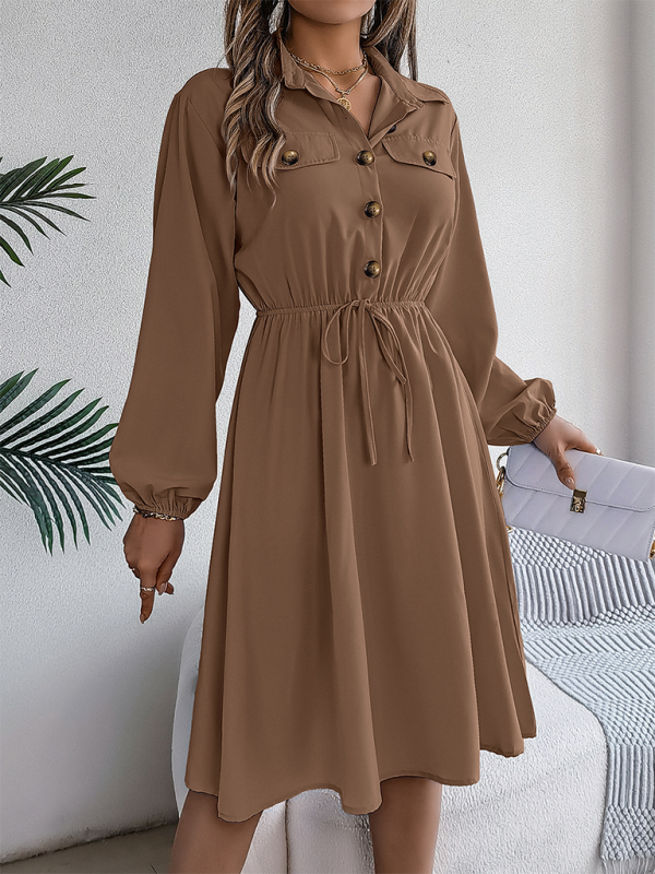 Casual Button Tie Waisted Long Sleeve Shirt Dress-[Adult]-[Female]-2022 Online Blue Zone Planet