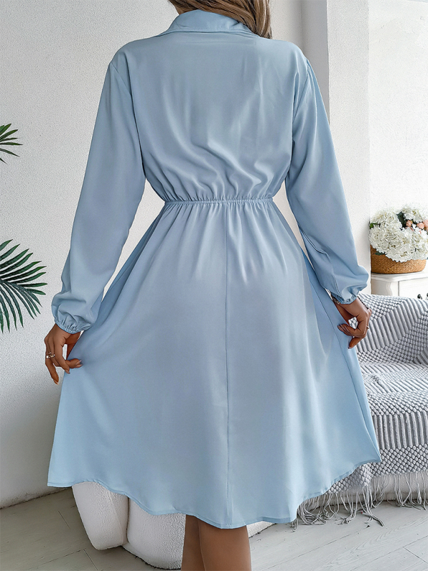 Casual Button Tie Waisted Long Sleeve Shirt Dress-[Adult]-[Female]-2022 Online Blue Zone Planet