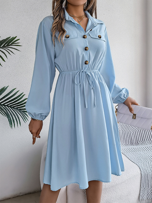 Casual Button Tie Waisted Long Sleeve Shirt Dress-[Adult]-[Female]-2022 Online Blue Zone Planet