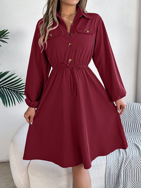 Casual Button Tie Waisted Long Sleeve Shirt Dress-[Adult]-[Female]-2022 Online Blue Zone Planet