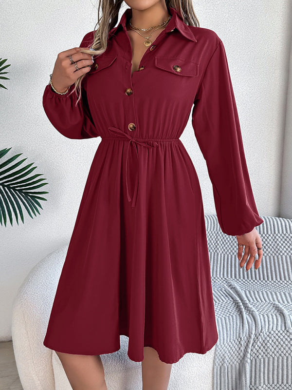 Casual Button Tie Waisted Long Sleeve Shirt Dress-[Adult]-[Female]-2022 Online Blue Zone Planet