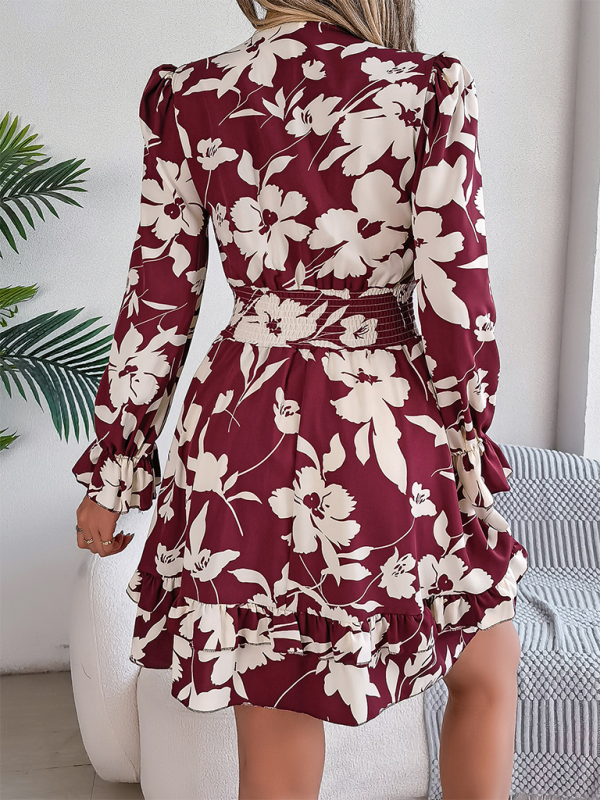 Casual Floral Lace-Up Long Sleeve Wooden Ear Trim A-Line Dress - Blue Blue Zone Planet Casual Floral Lace-Up Long Sleeve Wooden Ear Trim A-Line Dress - Blue Blue Zone Planet